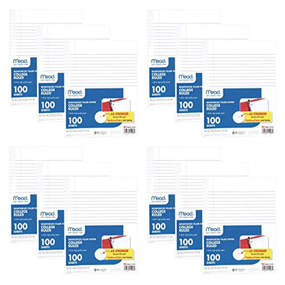 Mead Loose Leaf Paper, Filler Paper, Reinforced, College Ruled, 100 Sheets, 10-1/2" x 8", 3 Hole Punched, 12 Pack (72428)