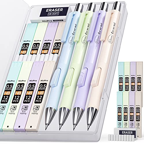 Nicpro 4PCS Pastel Mechanical Pencil 0.5mm, Cute Fast Click Mechanical Pencils Set with 100PCS HB Lead Refills, Erasers and Eraser Refills, Aesthetic School Supplies for Writing, Drawing, Sketching | 100PCS HB Lead Refills, Erasers and Eraser Refills, Aes