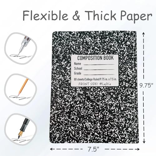 Left Handed Composition Notebook, Black Marble Left Handed Notebooks | 9.75" x 7.5", Hard Cover Left Handed Notebooks for Adults, 160 Pages, College Ruled, For Adults and School, 1pk - color: Black Marble 1PK