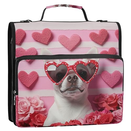 Cute Dog Pink Hearts Zipper Binder 3 Ring 1.5 Inch School Binder Organizer with Shoulder Strap Handle File Folder Pockets Large Capacity Students Girl Boy Men Office Work - color: Cute Dog Pink Hearts