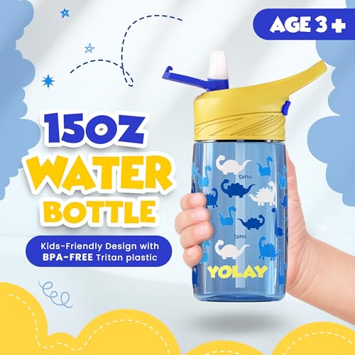 YOLAY 15oz Kids Water Bottle For School Boys and Girls, Durable Toddler Water Bottle with Straw Lid Leak-Proof, Spill Proof, Easy Clean and Dishwasher Safe with Re-Usable and BPA Free - Dino - color: Dino