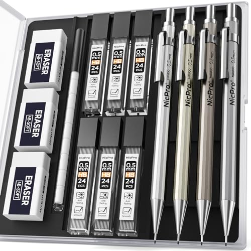 Nicpro 4 Pack Mechanical Pencil 0.5 mm with Case, MB1000 Metal Mechanical Pencil Set with 6 Tube HB #2 Lead Refill 0.5mm, 3PCS 4B Eraser, 9 Cap Eraser for Artist Drafting Writing, Sketching, Drawing - style: 4 Pack （0.5mm）