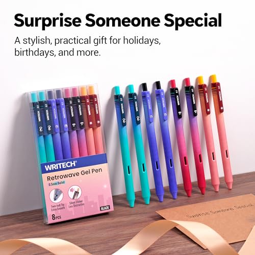 WRITECH Black Ink Gel Pens: 8-Pack Retrowave 0.5mm Fine Point Pens - Smooth Writing Silent Clicker and Refillable Perfect for School Office & Everyday Use. - color: 8 Pcs Retrowave