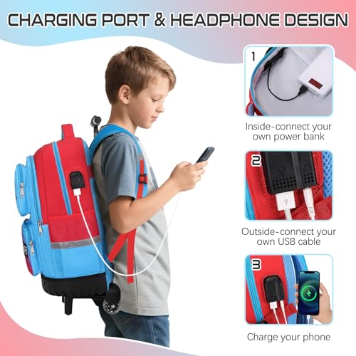 Jafeton Rolling Backpack for Boys, 3 PCS Gamer Boy Backpack Set with Lunch Box & Pencil Pouch, Roller Wheels School bag for Boys Kids Teens, Elementary Middle School, Kids Bookbag Casual Daypack - color: Red Blue