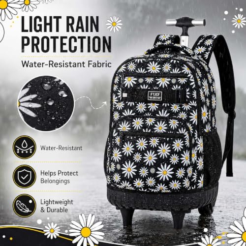 AGSDON Rolling Backpack for Girls, Women Roller Wheels Bookbag, Laptop Daisy Wheeled School Bag with Wheels for Teens - color: Daisy Black