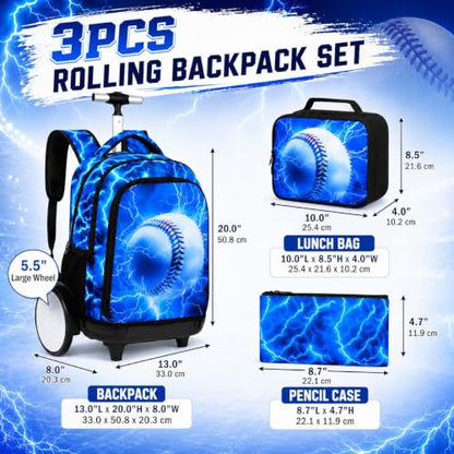 KLFVB Big Quiet-Glide Wheels Wheeled Backpack, 3-in-1 Rolling Bookbag Set with Lunch Bag | Water-Resistant Roller Bag for Boys, School, Travel, Play - Lightning Baseball - color: Big Wheels Rolling Backpack - Lightning Baseball