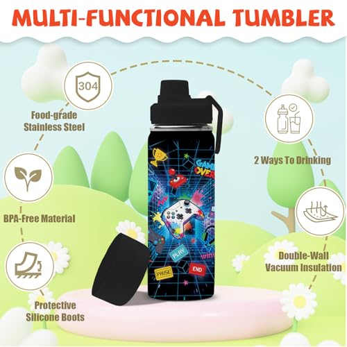 Gamer Gifts for Boys Kids - 18oz Gaming Water Bottle Stainless Steel, Insulated Straw Lid Leak Proof, BPA Free Metal Thermos for Teen Boys Girls, Video Game Party Favors Travel School（Game1） - color: Game1