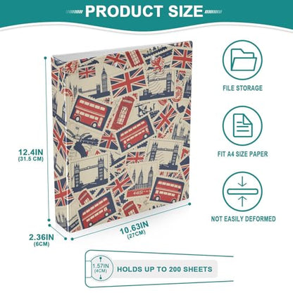 British Flag Beige Print 3 Ring Binder 1.5 Inch Binders 3 Ring Three Ring Binder Organizer with Clipboard & 3 Pockets Letter Size for Paper Work Recipes Office Supplies 1 Pack