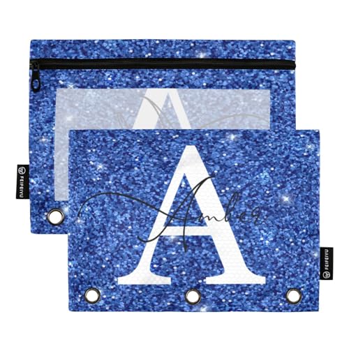 Personalized Pencil Pouch for 3 Ring Binder Blue Glitter Texture Custom Pencil Pouches Case Binder Cosmetic Bag 2 Pack for Office School College Supplies - color: Blue Glitter