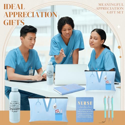 6 Pcs Nurse Gifts Set for Women Men, Rn Appreciation Gift for Nurses Week Christmas Graduation Thanksgiving, 16oz Vacuum Insulated Water Bottle, Makeup Bag, Notebook, Ballpoint Pens(Blue) - color: Blue