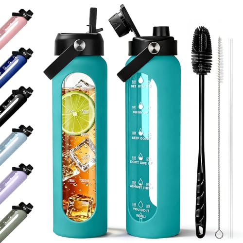 Aqulea 32 oz Glass Water Bottle with 2 Lids – Spout & Straw Lids, 1L Motivational Borosilicate Glass Water Bottle with Time Marker & Silicone Sleeve, Leakproof (Aqua) - color: Aqua, size: 32 Ounces