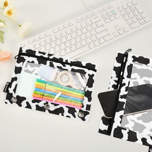 Binder Pouches 3 Ring for Boys Girls Black White Cow Print Zipper Pencil Pouches Case Bag with Clear Window School College Office Supplies 2 Pack - color: Cow Print