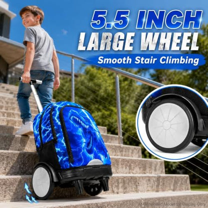 3Pcs Large Rolling Backpack for Boys, 20 Inch Detachable Light Up Wheeled Bookbag with Lunch Box, Durable Lightning Dinosaur Roller Backpack for Elementary Middle School (Blue) - color: Large Wheels Dinosaur Blue