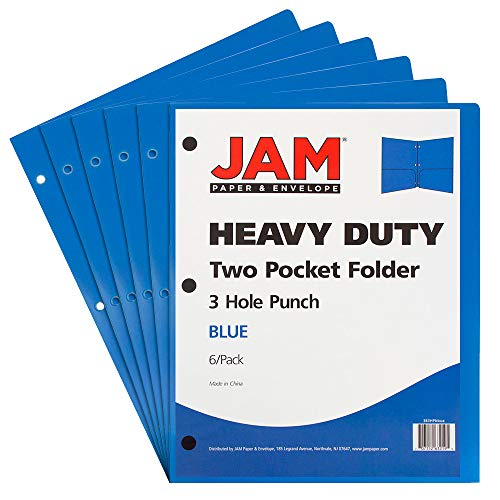 JAM PAPER Heavy Duty Plastic 3 Hole Punch School Folders with Pockets - Blue - 6/Pack - color: Blue, size: 6 Per Pack