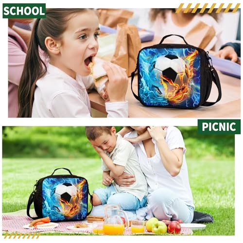 Soccer Lunch Box Blue Yellow Fire Lightning Football Kids Lunch Bag with Shoulder Strap for Boys Girls Durable Insulated Lunch Cooler Bag Thermal Meal Tote for School Picnic - color: A-Soccer