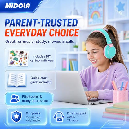 MIDOLA Kids Headphone Wired Volume Limited 85/94dB Over-Ear/On-Ear Foldable Headset with Microphone Hearing Protection Headphones for Toddler Boy Girl Child School Learning Pad Tablet Cyan - color: Cyan