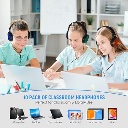 10 Pack Kids Headphones Bulk for School Classroom, Over-Ear Headphones Wired School Supplies for Kids Students Teachers, 3.5mm Jack(Black) - color: Black