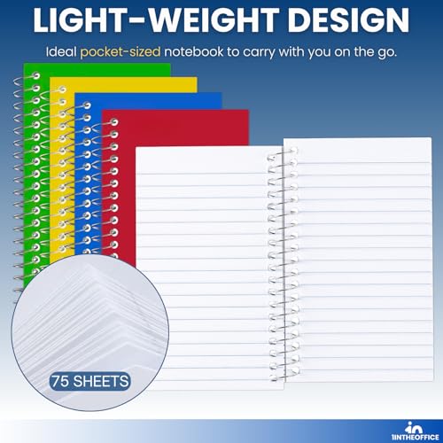 1InTheOffice Wirebound Spiral Memo Books, Memo Pads, 3" x 5", College Ruled, Small Notepad 3x5, Assorted, 75 Sheets/Pad, 10 Pads/Pack