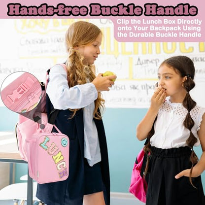 FlowFly Lunch box Insulated Soft Bag Mini Cooler Back to School Thermal Meal Tote Kit With Buckle and Mesh Side Pocket for Girls, Boys, PinkWithLetter - color: PinkWithLetter