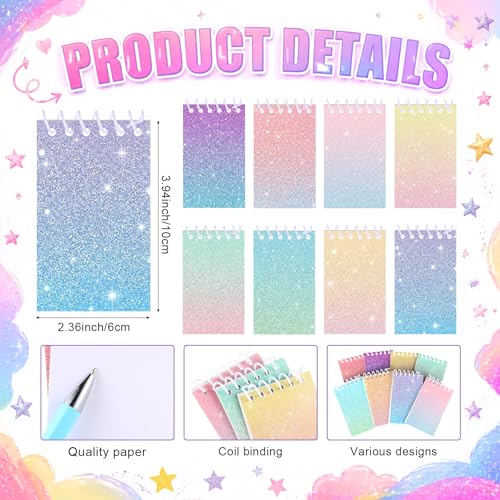 Sherr 16 Pcs Glitter Pens and Notebooks Set Mini Spiral Notepads Fancy Pens for Kids Girls Sparkly Sequins Journaling Ballpoint Birthday Gift Classroom Rewards (Dreamy Holographic Pastel,Candy Color) - color: Candy Color