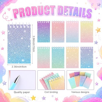 Sherr 16 Pcs Glitter Pens and Notebooks Set Mini Spiral Notepads Fancy Pens for Kids Girls Sparkly Sequins Journaling Ballpoint Birthday Gift Classroom Rewards (Dreamy Holographic Pastel,Candy Color) - color: Candy Color