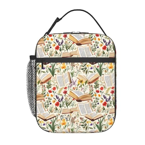 Retro Book Lunch Box for Kids,Flower Insulated Bag for Student,Library Reusable Thermal Insulation Cooler Tote Bags for School Work Picnic Camping Outdoor Gifts (Vintage Books and Floral) - color: Vintage Books and Floral