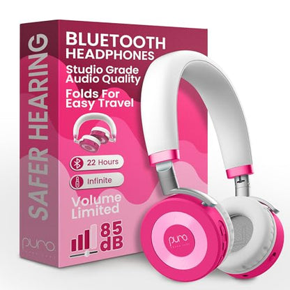 Puro Sound Labs Bluetooth Headphones for Kids - Volume-Limited, Adjustable On-Ear Design, 22-Hour Battery Life - Wireless Headphones for Tablets, Smartphones & PCs – JuniorJam Plus, Blue & Pink
