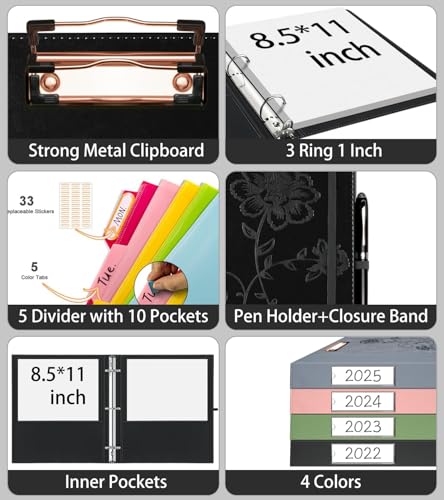 3 Ring Binder 1 Inch, Leather Binders with Clipboards, KLLVE Three Ring Binder with 10 Pocket Divider(Black, Letter Size) - color: Black