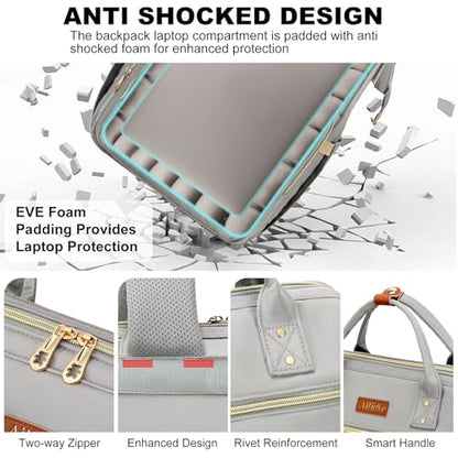AIJIEKE Lunch Backpack for Women, 15.6 Laptop Backpack, Lunch Box, Gray | Water resistant computer bag with insulated leakproof cooler. Travel meal prep backpack for nurse, teacher, college commute - color: Grey