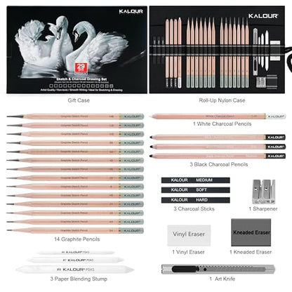 KALOUR 29 Pro Sketching Drawing Pencils Set with Roll-Up Nylon Case – 14 Graphite Pencils (14B–5H), Charcoal Pencils, Erasers, Sharpener & Stumps – Complete Art Kit for Artists & Beginner
