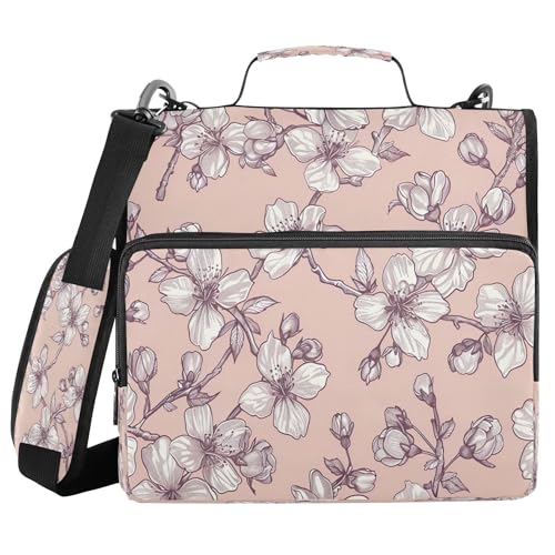 3 Ring Zipper Binder Cherry Blossoms Binder Organizer Portfolio with File and Shoulder Strap & Handle Large Capacity File Folder - color: Cherry Blossoms