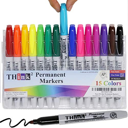 [15 Markers - 15 Colors] Think2 Bullet Tip Permanent Markers. (15 Assorted Colors) Works on Paper, Plastic, Stone, Metal and Glass. Waterproof, Nontoxic. And Low Odor. Great for Kids & Everyone