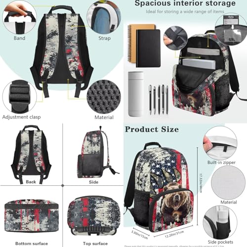 USA Flag Bear 3 in 1 School Backpack, 3PCS Kids Bookbag Set Large Capacity 17 Inch Student Backpack with Lunch Box and Pencil Case - color: Usa Flag Bear