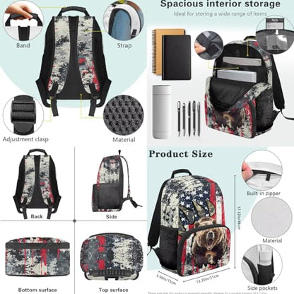 USA Flag Bear 3 in 1 School Backpack, 3PCS Kids Bookbag Set Large Capacity 17 Inch Student Backpack with Lunch Box and Pencil Case - color: Usa Flag Bear