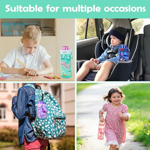 20oz Kids Water Bottle For School or Travel, Leak-Proof & Dishwasher, Durable Plastic Sport Water Bottle With Straw and Handle, Cute Donosaur - color: Green dinosaur