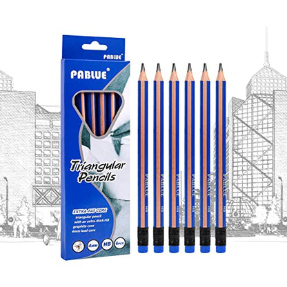 Triangular Jumbo Pencils, HB Pre-Sharpened with Eraser, Blue, 6 Pcs | Fat, Thick, Strong Wood Triangular Design for Beginners for Writing, Drawing, School, Art, Sketching and Shading - color: Blue, style: HB Lead