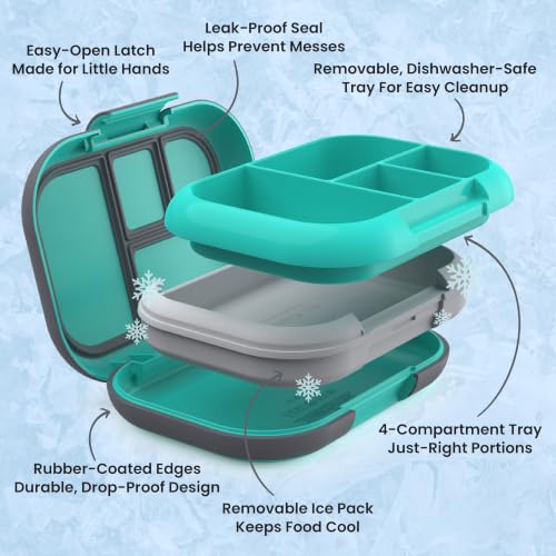 Bentgo Chill Kids Leakproof Lunch Box -4-Compartment Bento Box with Built-In Ice Pack, 3.3 Cup Capacity, BPA-Free, Microwave & Dishwasher Safe Tray, Ages 3–7 (Electric Aqua) - color: Electric Aqua