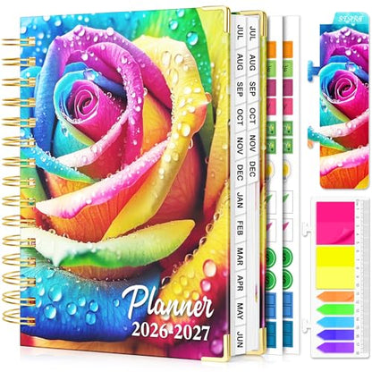 Academic Planner 2026-2027, 18 Months Weekly & Monthly Calendar Planner | July 2026 - Dec 2027, 6.6" x 8.3 A5 Size, Hardcover Daily Agenda with Tabs, Inner Pocket, Bookmark, Stickers, Sticky Note Set - color: Rainbow Rose, size: A5