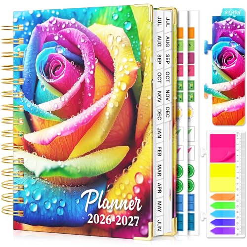 Academic Planner 2026-2027, 18 Months Weekly & Monthly Calendar Planner | July 2026 - Dec 2027, 6.6" x 8.3 A5 Size, Hardcover Daily Agenda with Tabs, Inner Pocket, Bookmark, Stickers, Sticky Note Set - color: Rainbow Rose, size: A5