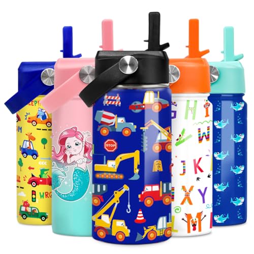 Kids Water Bottle with Straw Construction Insulated Water Bottles 12oz Stainless Steel Travel School Tumbler Double Wall Vacuum Cup for Boys Kid - color: Construction 2