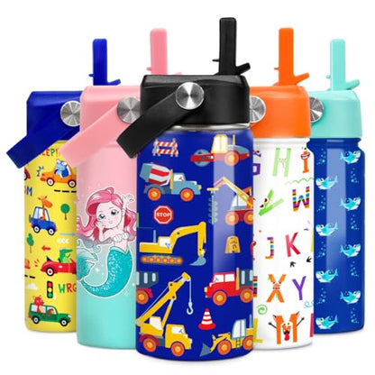 Kids Water Bottle with Straw Construction Insulated Water Bottles 12oz Stainless Steel Travel School Tumbler Double Wall Vacuum Cup for Boys Kid - color: Construction 2