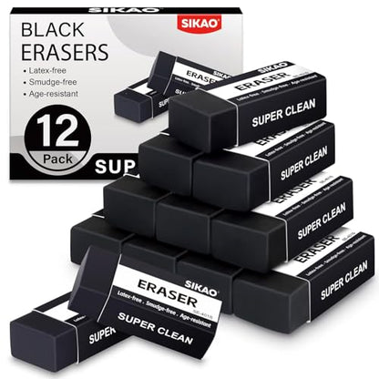 Black Erasers, 12 Pack Block Pencil Erasers | Smudge-Free Latex-Free Art Erasers for Adults Artists, Clean Erase for School, Homework, Office & Drawing - style: Black