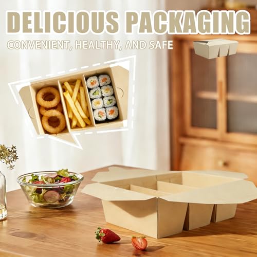 30 Pack Take Out Food Containers, 3-Compartment 7.5x5.4x2.6" Bamboo Pulp Paper Take Out Boxes, Disposable To Go Container Take Out Containers, Greaseproof Paper Bento Box Takeout Lunch Boxes with Lid - color: Bamboo Paper Color-Snap
