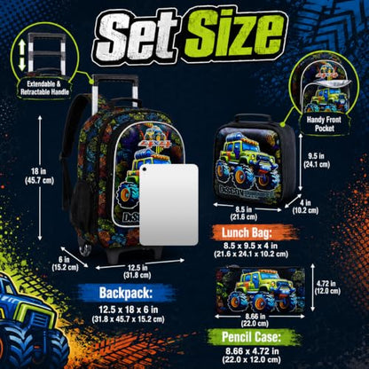 AGSDON 3PCS Rolling Backpack for Girls and Boys, Kids Roller Wheels Bookbag, Wheeled Elementary School Bag with Lunch Bag - color: Truck Roll