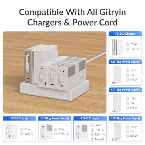 Gitryin Laptop Charging Station, 140W, 2 * 65W, 2 * 40W Retractable Lightning, Micro USB, USB C Chargers, 1 Lightning, 1 Micro USB, 1 USB A, 7 Type C Ports with Cooling Power Strip, 350W Charging Hub