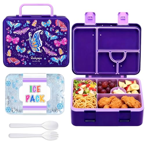 rockpapa Chill Bento Box for Kids- Large 5.5 Cups Lunch Box with Ice Pack - 5 Compartments, BPA-Free, Leak Proof, with Utensils & Portable Handle, Microwave/Dishwasher Safe (Purple Butterfly) - color: Purple Butterfly
