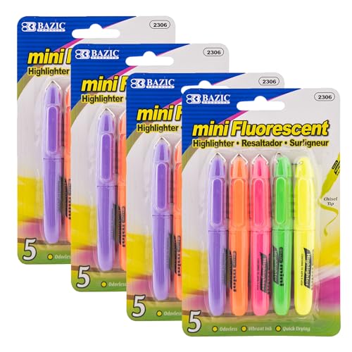 BAZIC PRODUCTS Mini Highlighters, Fluorescent, Chisel Tip, 5 Ct, 4-Pack | Quick-dry, assorted fluorescent mini highlighters, compact, cap clip, non-toxic, ASTM D-4236, odorless - color: Asst Colors, size: 4-Pack