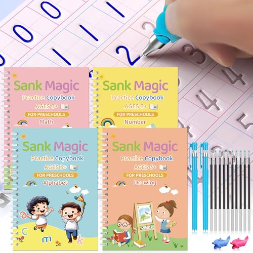 Magic grooved writing practice book set|18-in-1(4 grooved books, 2pens, 2 grip corrector, 10 disappearing ink refill), Grooved handwriting practice for kids|Grooved writing books for kids 3-5. - color: Four-book set