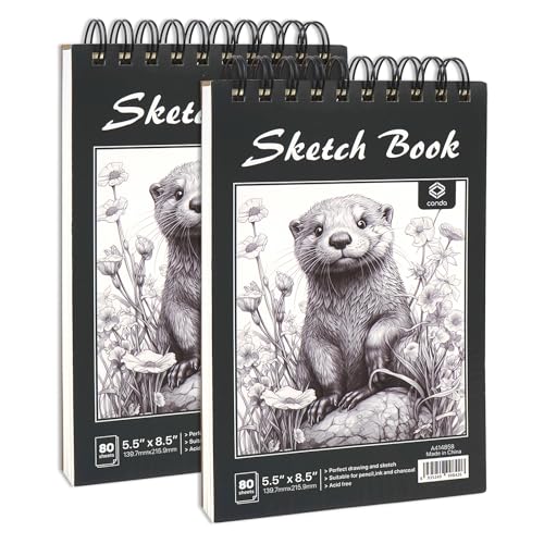 CONDA 5.5 x 8.5 Sketchbook Book, Top Spiral Bound Sketch Pad, 2 Pack, 80 Sheets Each (68lb/100gsm), Acid Free Art Paper for Drawing, Painting, Writing, Ideal for Beginners Artists Students Kids - color: Black, size: 5.5"x8.5" 2 pack