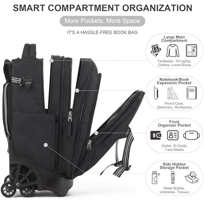 NEW TILAMI 18 Inch Expandable Rolling Backpack with 6-Wheel Stair Climbing, Waterproof Wheeled School Bag with 15.6" Laptop Sleeve for Boys Girls, Carry-on Luggage 98cm Dual-Height Handle - Black - color: Black